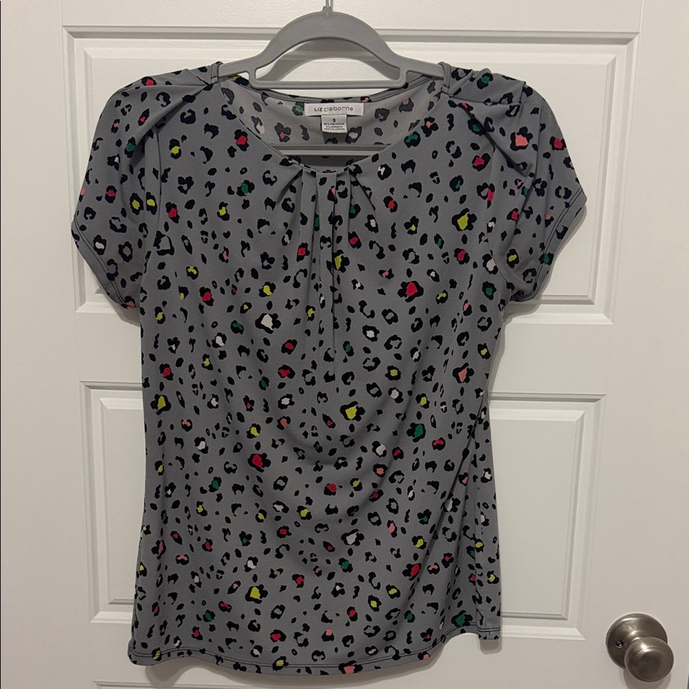 Liz Claiborne Gray Leopard Print Top with Neon Pink, Yellow & Green Spots